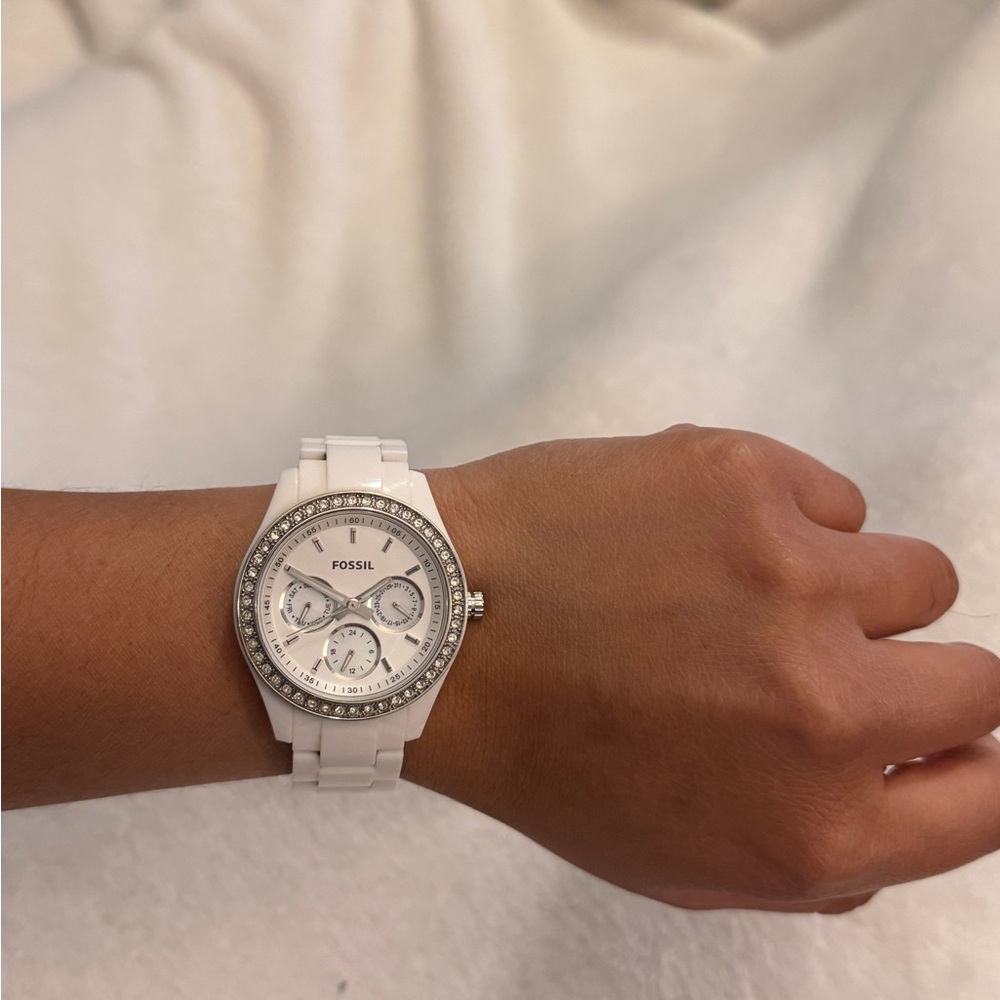 Fossil White and Silver Watch with Crystal Details